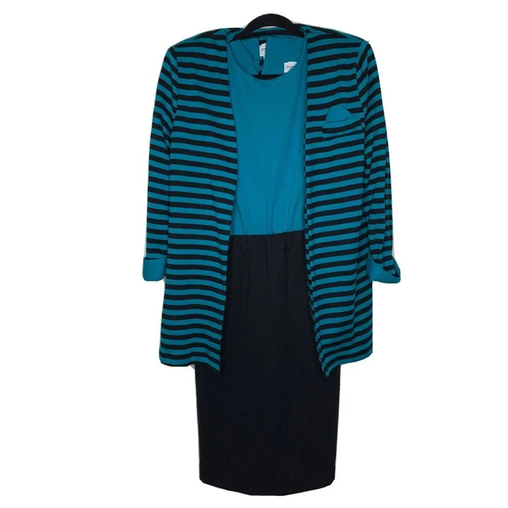 Stuart Alan Petites Sweater Dress Womans 12 Teal Black Stripe No Sleeve w/Jacket - Picture 1 of 16